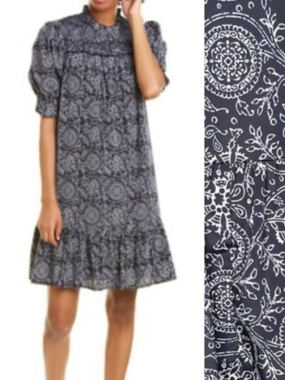 Celina Moon Womens Black  Sz L Black White Paisley Shift Dress Puff Sleeve